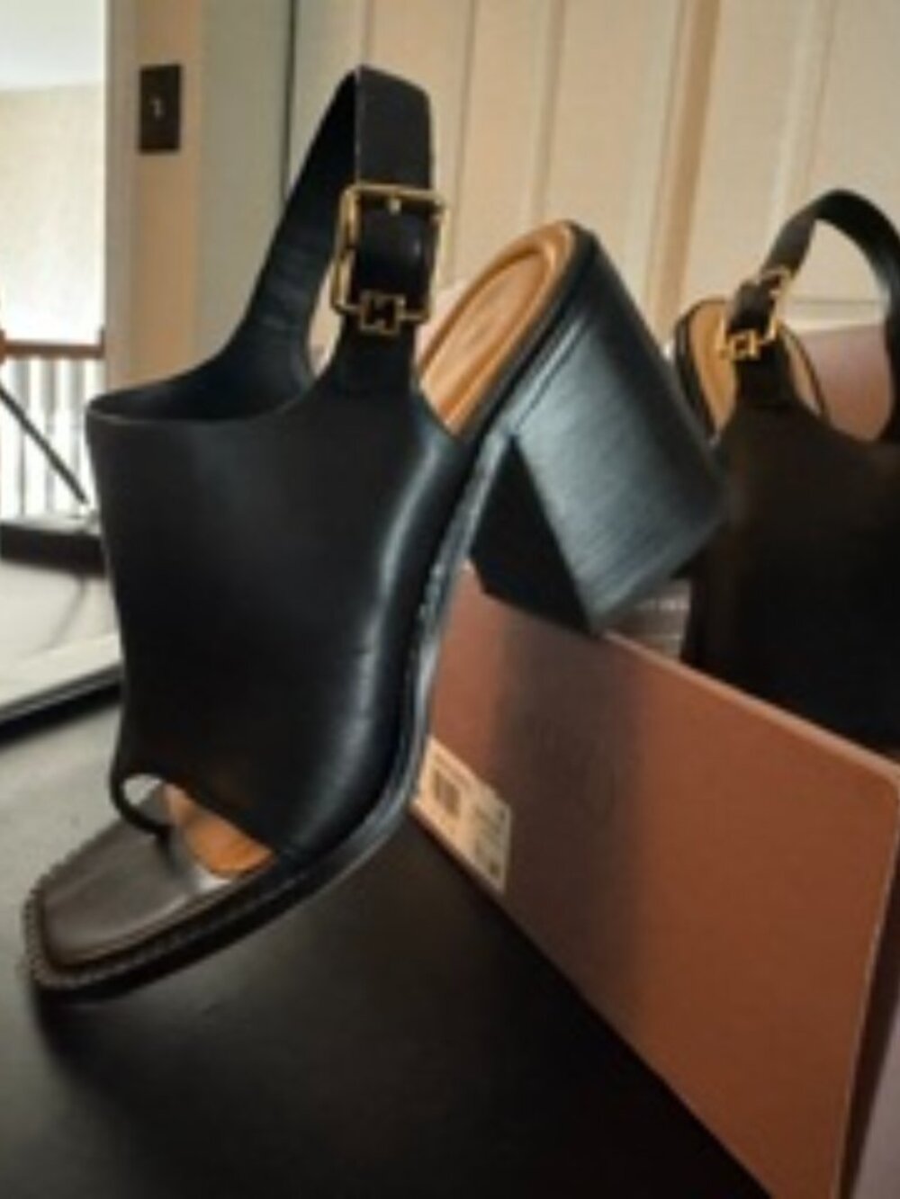 Franco Sarto Black Leather Block Heel Slingback Sandals – Size 10
